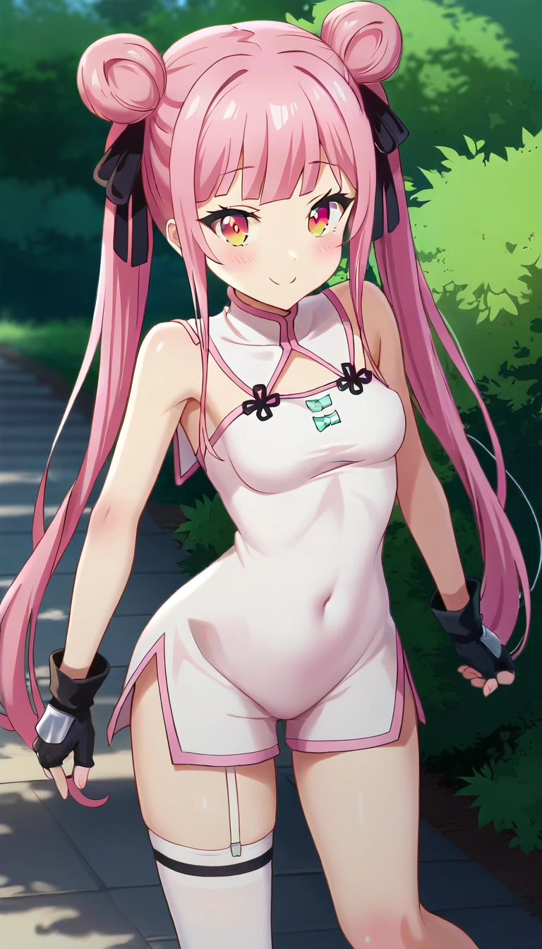 score_9,score_8_up,masterpiece,best quality,correct anatomy,anime_source,1girl,solo,perfect eyes,perfect arms,perfect legs,perfect face,outdoors,upper body,(portrait:1.5),looking at viewer,facing viewer,smile,blush,Tao Yuifa,very long hair,pink hair,double bun,twintails,hair ribbon,black ribbon,sidelocks,blunt bangs,pink eyes,bare shoulders,china dress,sleeveless dress,white dress,short dress,side slit,clothing cutout,fingerless gloves,black gloves,covered navel,pelvic curtain,small breasts,thighs,uneven legwear,single thighhigh,white thighhighs,garter straps,single sock,black footwear,<lora:Tao Yuifa(tsdnod)-Pony:1.6>,