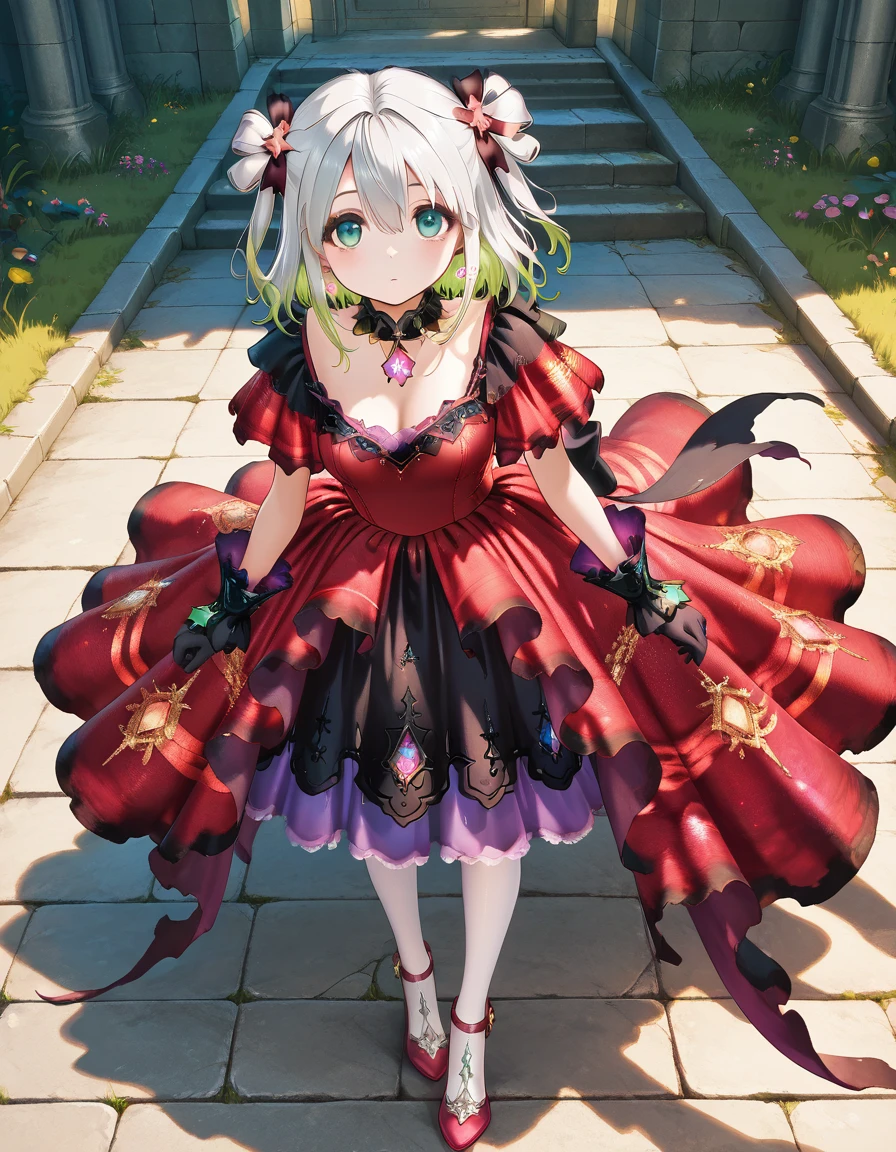 <lora:InfiniteNikki_ThreadsOfReunion_V0.54[IL]:1>, dress, <lora:Midori3-2_[IL]:1>, midori, looking at viewer,  medium hair, white hair, makeup, jewelry, green eyeshadow,, masterpiece,best quality,amazing quality,very aesthetic,absurdres,newest,