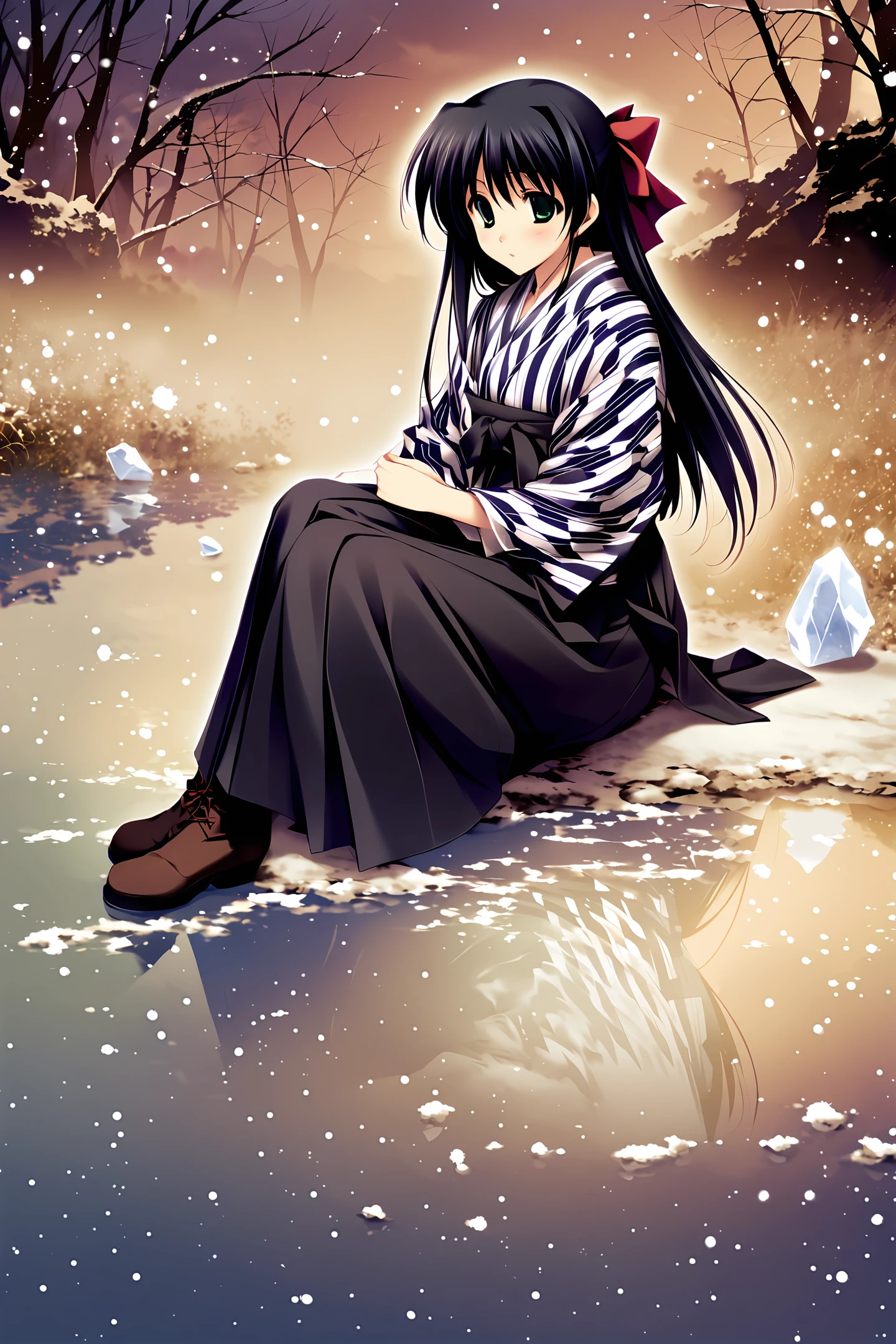 Kouzuki Kazuna,1girl,yagasuri,solo,boots,green eyes,snow,japanese clothes,long hair,black hair,meiji schoolgirl uniform,black hakama,hakama skirt,reflection,skirt,sitting,ice,
<lora:Sugina Miki_XL:0.8>,