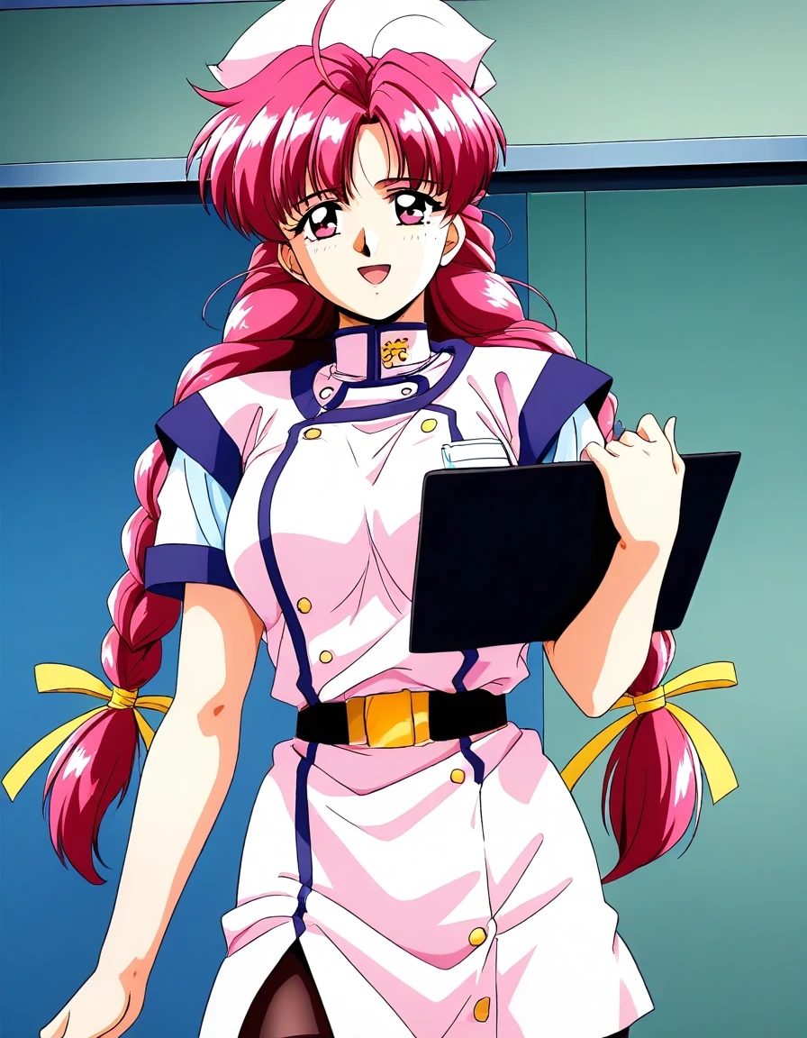 general,highres, ultra-detailed,very aesthetic,best quality ,best hands,  BREAK,  <lora:Makino_Rie_OVA_IS:1>, Makino_Rie_OVA, 1girl,solo, long hair, pink hair, 1990s \(style\),anime coloring, 
twin braids, bangs, hair ribbon, Yellow ribbon, large breasts, ahoge, pink eyes, BREAK,
clipboard, hat, open mouth, looking at viewer, holding, indoors, pantyhose, smile, red hair, short sleeves, holding clipboard, ribbon, cowboy shot, brown eyes,