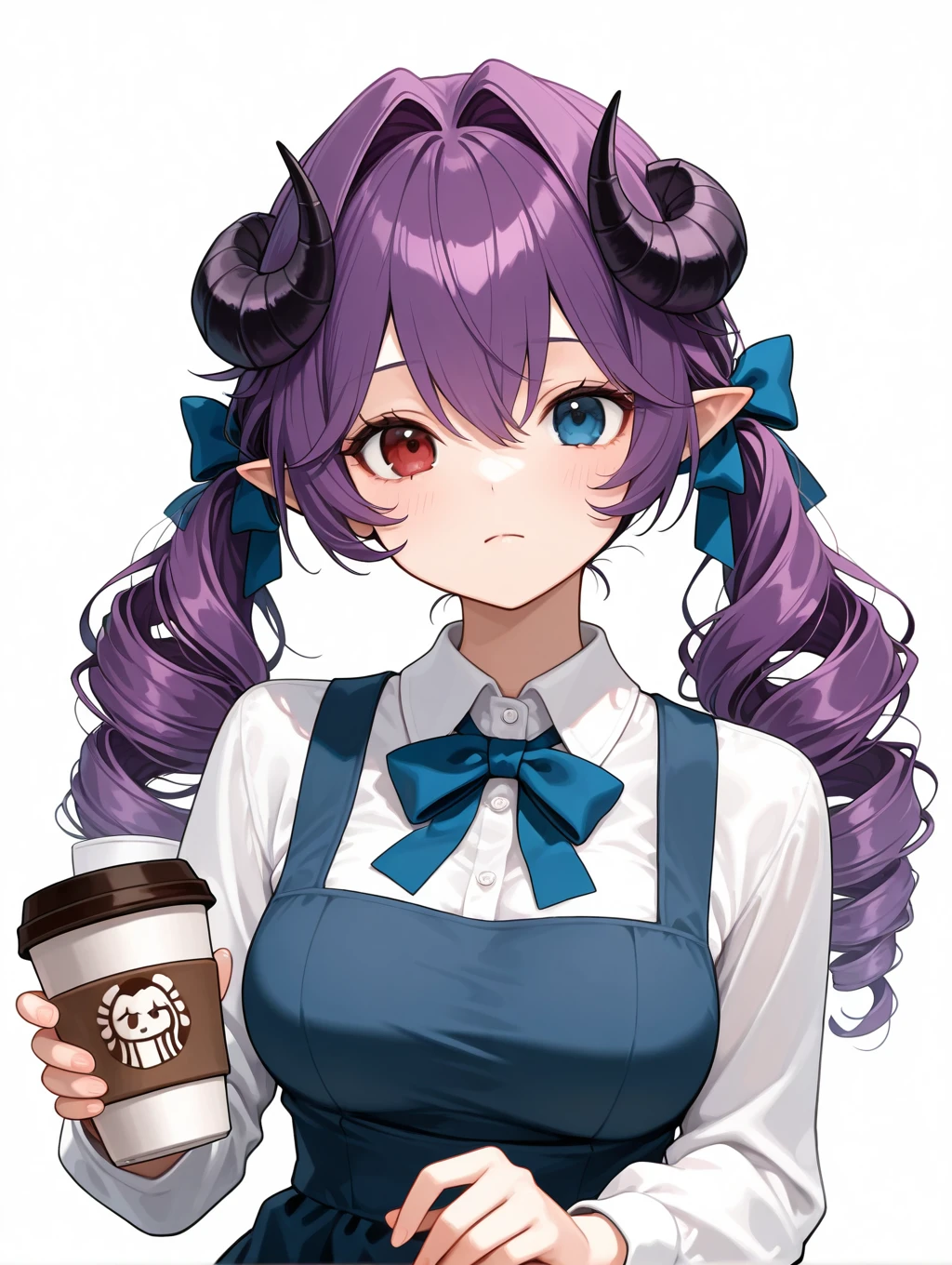 andras, 1girl, solo, long hair, looking at viewer, blue eyes, simple background, shirt, red eyes, long sleeves, white background, dress, bow, holding, twintails, medium breasts, closed mouth, white shirt, purple hair, hair bow, horns, pointy ears, collared shirt, cup, blue dress, heterochromia, blue bow, drill hair, hair intakes, holding cup, pinafore dress, disposable cup, coffee cup

masterpiece, best quality,amazing quality, very aesthetic, absurdres, depth of field, blurry background, extremely detailed face, detailed eyes