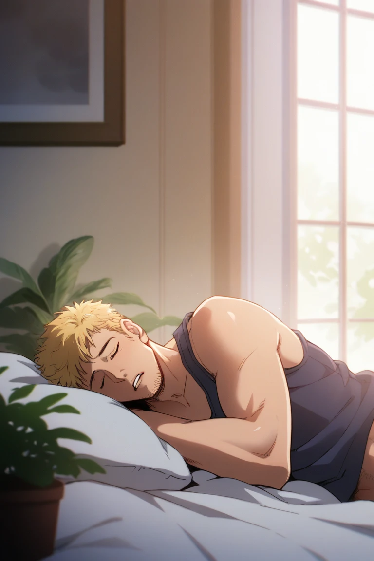 score_9, score_8_up, score_7_up, source_anime, rating_explicit, anime coloring, subsurface scattering, realistic shading, day, natural lighting, male focus, lying on pillow, hand under bedsheet, looking away, expressive face, KaneFF, blonde_KaneFF_short hair, KaneFF_facial hair, closed eyes, 1boy, peaceful, parted lips, shiny skin, tank top, navel, covered penis, sleeping on bed, indoors bedroom, potted plant, bedsheets over bottomless, window, cozy bedroom, ghibli background, intricately detailed illustration, masterpiece, best quality, amazing quality, very aesthetic, absurdres, newest, atmospheric perspective, anime screencap