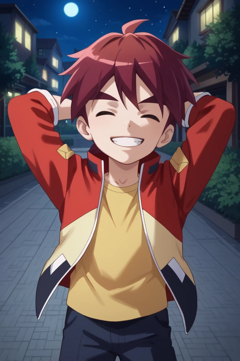 score_9, score_8_up, score_7_up, score_6_up, score_5_up,score_4_up,source_anime
 jason, red hair, brown eyes, red jacket, yellow shirt, 1boy, male focus, closed eyes, solo, smile, night, arm behind head, grin, jacket, teeth