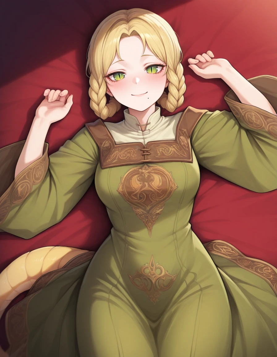 <lora:Rya:1>
ry4, blonde hair, braid, green eyes, braided hair rings, mole under mouth,
green dress, wide sleeves,
lying on back, from-above, smile, tail, blush, slit pupils, masterpiece, best quality