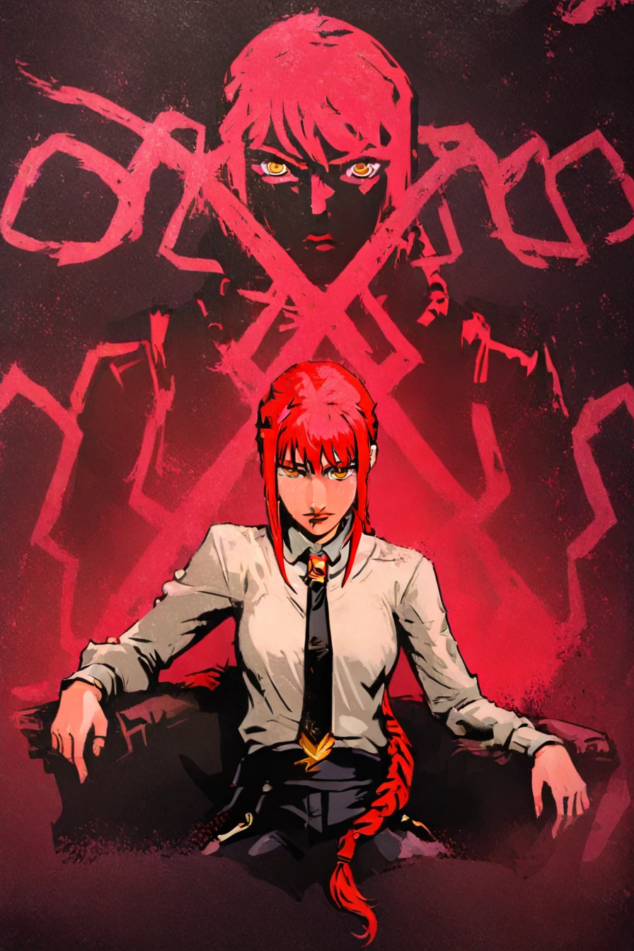 <lora:mak1ma0XL_Pony_v1:0.6> , mak1ma0, makima, red hair, long hair, ringed eyes, braid, white collared shirt,black necktie, black pants, 1girl, solo, alone,    <lora:arcane_poster_illustriousXL-000021:1>, arcane_poster_style, masterpiece, highres