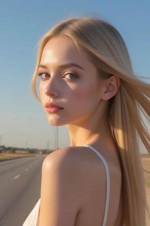 absurdres photo, various views, upper body, a caucasian woman, blue eyes, light blonde hair, floating hair, seductive smile, bright skin, fair skin, skin pores, side face, lipstick, eyeshadow, blue sky, wind, day, road, <lora:AsianHafuLora_flux:0.8>