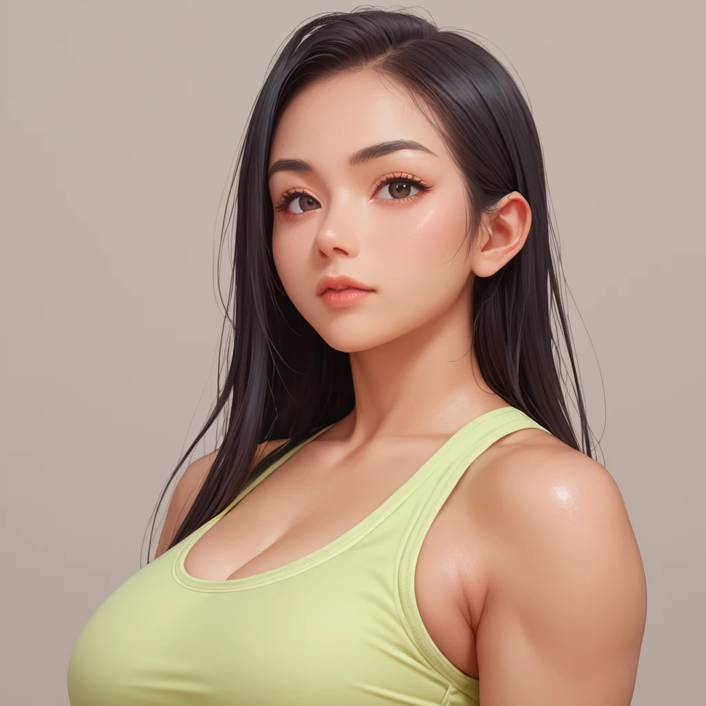 score_9, score_8_up,score_9, score_8_up, score_7_up, score_6_up, hunaonao, 1girl, bust portrait, long hair, black hair, sports bra, large breasts, looking at viewer, simple background,<lora:Pony.hunaonao_v01:.8>