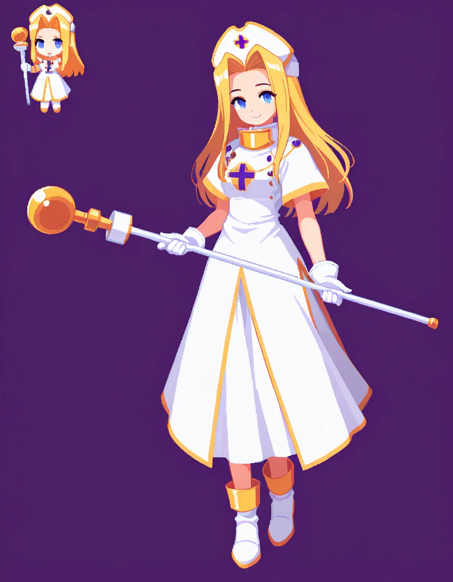 <lora:topmint_SDXL_Illustrious01_fp16_ver01:1>,ToPmint, 1girl, solo, hat, long hair, blonde hair,blue eyes, gloves,dress,cross,boots,full body, nurse cap,long skirt,pixel art, chibi,smile,holding staff,, masterpiece, best quality, very aesthetic, absurdres,<lora:detailed_hands:1>,hand