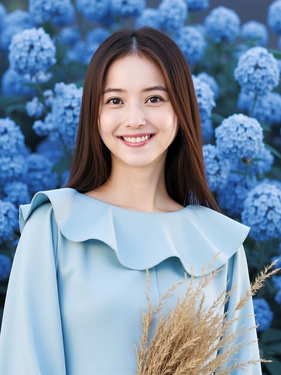 The image is a portrait of a young woman named nozomi standing in front of a background of blue flowers. She is wearing a light blue dress with a ruffled neckline and long sleeves. Her hair is styled in a long straight hair and she is looking directly at the camera with a slight smile. The woman is holding a bunch of dried flowers in her left hand. The overall mood of the image is peaceful and serene.