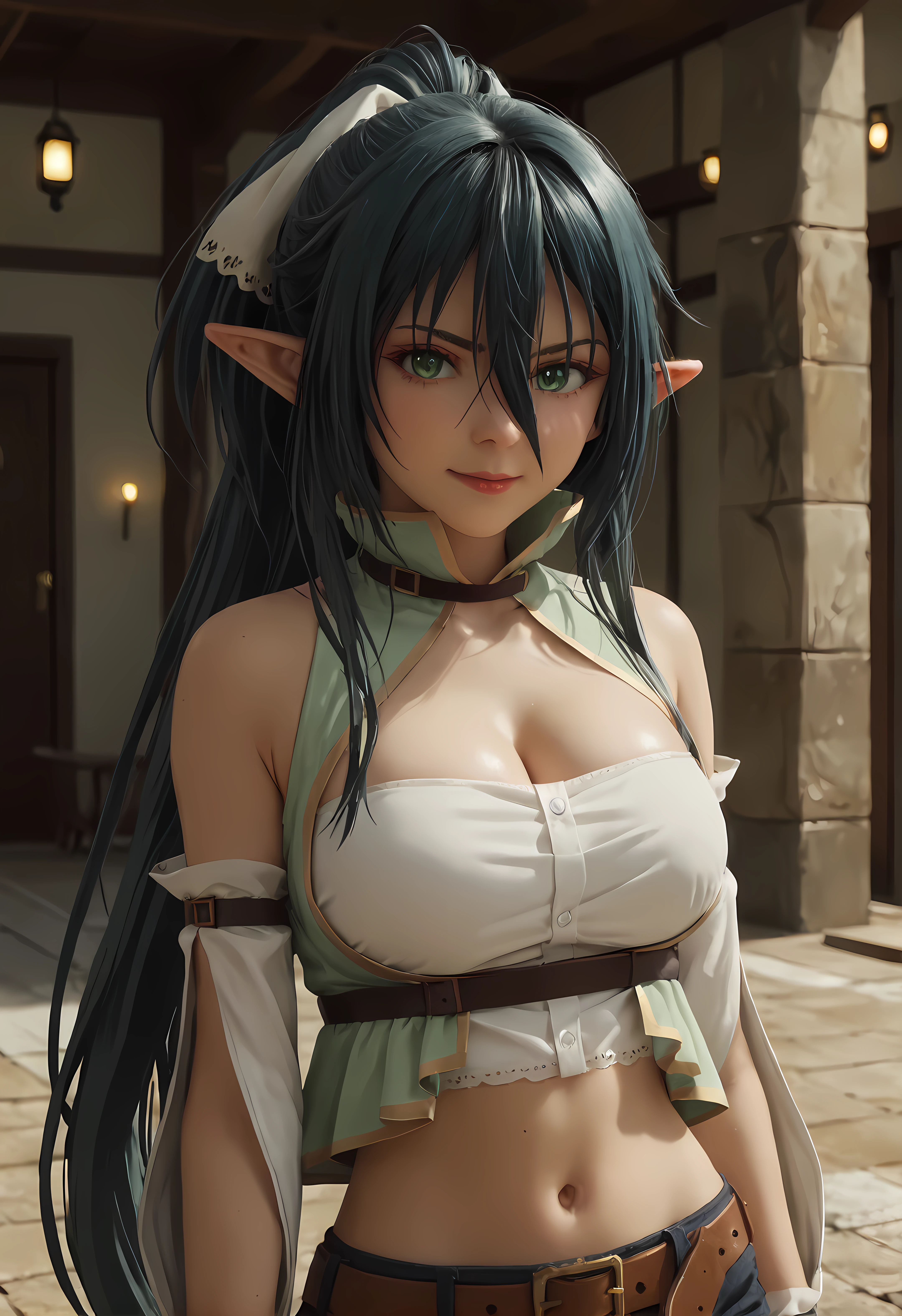 score_9, score_8_up, score_7_up,looking at viewer, shiny skin, upper body, light smile, petite,ohwx, 1girl, long_hair, green_eyes, solo, pointy_ears, ponytail, elf, breasts, hair_between_eyes, black_hair, green_hair, cleavage, very_long_hair, thighhighs, medium_breasts, large_breasts, black_thighhighs, blue_hair,navel, shorts, cleavage, belt, midriff, brown_belt, bridal_gauntlets, detached_sleeves, crop_top, bare_shoulders, short_shorts, Pathway through a Japanese zen garden with moss-covered stones, raked gravel, and soft lighting,<lora:arle_kirlesio_pony_sobsynapse-000003:1>