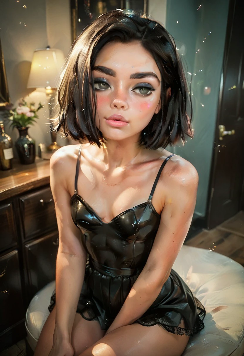 safe_pos, score_9, score_8_up, score_8, sexy girl, detailed face, detailed eyes, 18 years old, small breasts, sitting, blushing, in love, sparkles, makeup, puffy lips, dark eyeliner, pokies, unique angle, nsfw, detailed and dynamic, hyper details