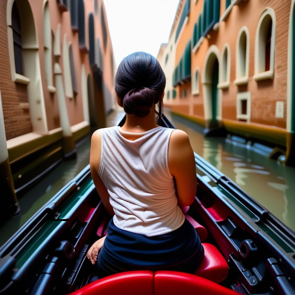 g0nd0l4, from behind, 1girl, motor vehicle, sitting, single hair bun, outdoors, black hair, water, sleeveless, facing away, building, car, shirt