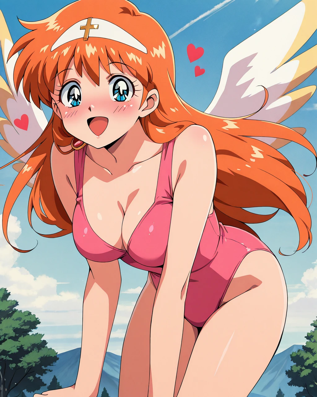 masterpiece, best quality, high quality, 1girl,  solo <lora:10_bik_Il:1> juujikatennshi, orange hair, blue eyes, white headband, angel wings, small wings, gold tipped wings, pink leotard, outdoors, retro style, 80's anime,  anime screencap, daytime, sky,  cleavage, looking at viewer, happy, hearts, blush, open mouth