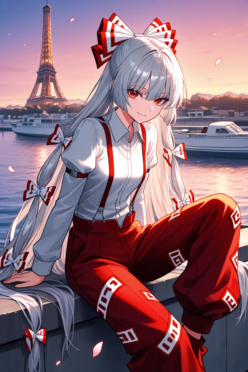 masterpiece, best quality, 1girl, solo, 21 year old model, eyelashes, (beautiful eyes),     ,,, <lora:FujiwaraNoMokouTouhouIXL:1.0>, zzMokou, red eyes, hair between eyes, grey hair, hair bow, hair ribbon, long hair, very long hair, white hair bow, suspenders, white shirt, shirt, long sleeves, pants, white bow, red pants, collared shirt,,,, zzEiffelTower in background, sitting, watercraft, boat, sitting on wall, side view, looking at viewer, smile,,, blooming stars, luminescent petals, otherworldly fragrance blurry background, <lora:EiffelTowerIXL_v2:1.0>,