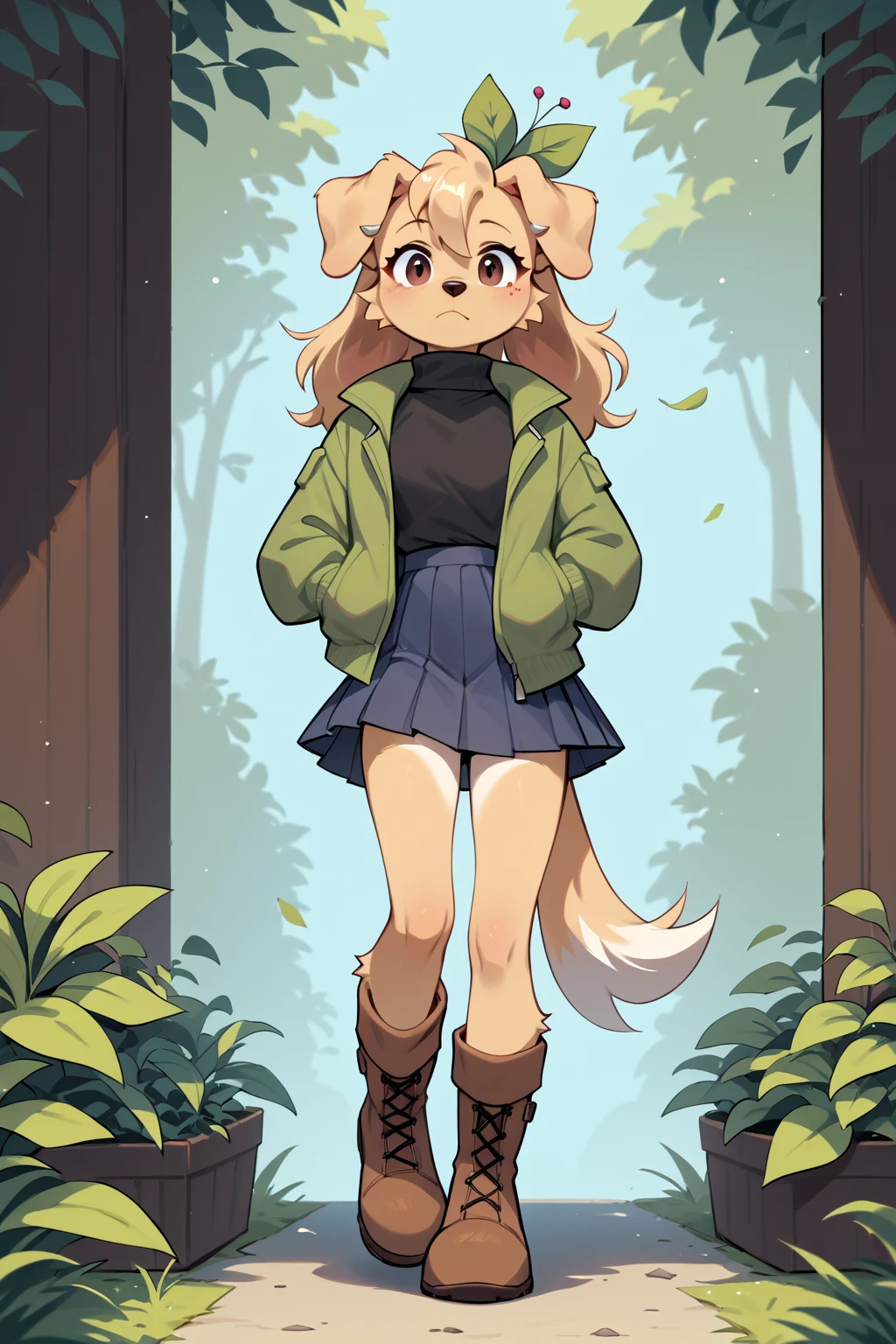 digital_media_(artwork), hi_res, score_9, score_8_up, score_7_up, score_6_up, score_5_up, score_4_up,  <lora:berri-cherry beries:0.8>, CherriBerri,golden retriever,female,anthro,dog girl,canine,cheek tuft,floppy ears,paws,tan body,tan fur,plant on head,black eyes,brown eyes,bangs, Pleated midi skirt, a fitted turtleneck sweater, and a long puffer jacket with boots.