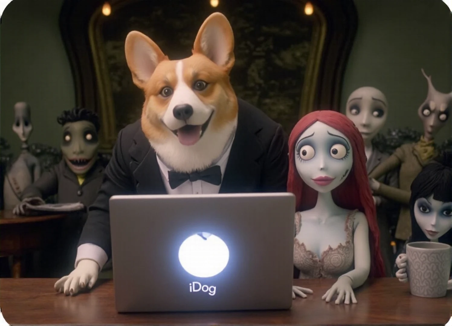 Stop motion film showing big corgi in a suit and Corps Bride Emily puppets working at the office that looks like a cemetery in style of Tim Burton. Nightmare before Christmas movie. Some monsters at background. Round white logo on a laptop in a shape of a dog head with ears. There is a text "iDog" under the logo