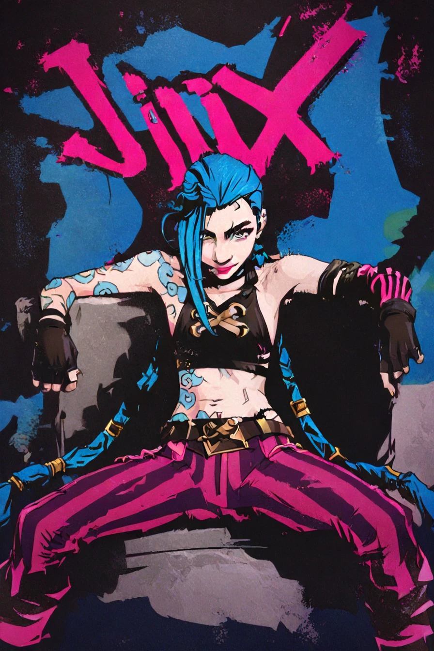 <lora:JinxPDXL:0.6>, jinx, blue hair, pale skin, choker, smile, blue eyes, long blue twin pigtails, tattoo,crop top, sleeve, armbands, purple striped pants, gloves, belt, 1girl, solo, alone, <lora:arcane_poster_illustriousXL-000021:1>, arcane_poster_style, graffiti, (graffiti that says "jinx":1.5), masterpiece, highres