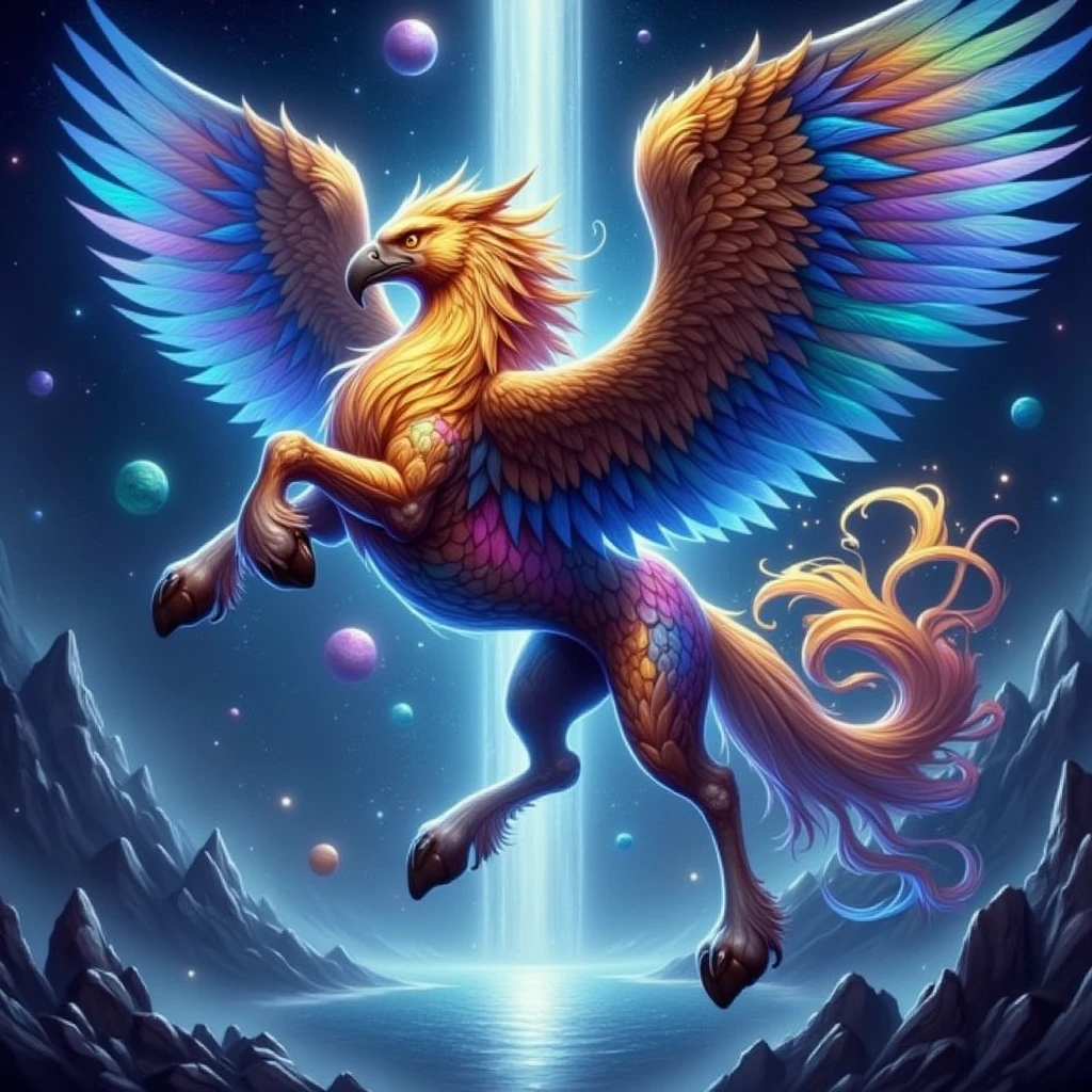 anime artwork hippogriff, horse and eagle, a masterpiece of a hippogriff in a stunning, ethereal fantasy ambience. The scene is beautiful and magical, vibrant colors. Incorporate dynamic shadows and dramatic lighting, with soft shadows enhancing the depth of the scene. Set the mood during a storm,  cold colors, capturing the cinematic essence of the creature as it prances gracefully in a mystical mountain with a waterfall. Its powerful strong wings shimmer in glorious hues gold majestic colors, catching the soft, magical light that illuminates this enchanting creature. Thehippogriff feathers gleam like metallic liquid, and it has a majestic feathery crown on top of the head, reflecting the vibrant colors. Use volumetric lighting to create an ethereal atmosphere, with a starry sky and beautiful planets. The scene should be filled with magic and myth, with intricate details that draw the viewer into this fantastical realm." highly detailed <lora:hippogriifns:1>grfx, hprfx . anime style, key visual, vibrant, studio anime,  highly detailed