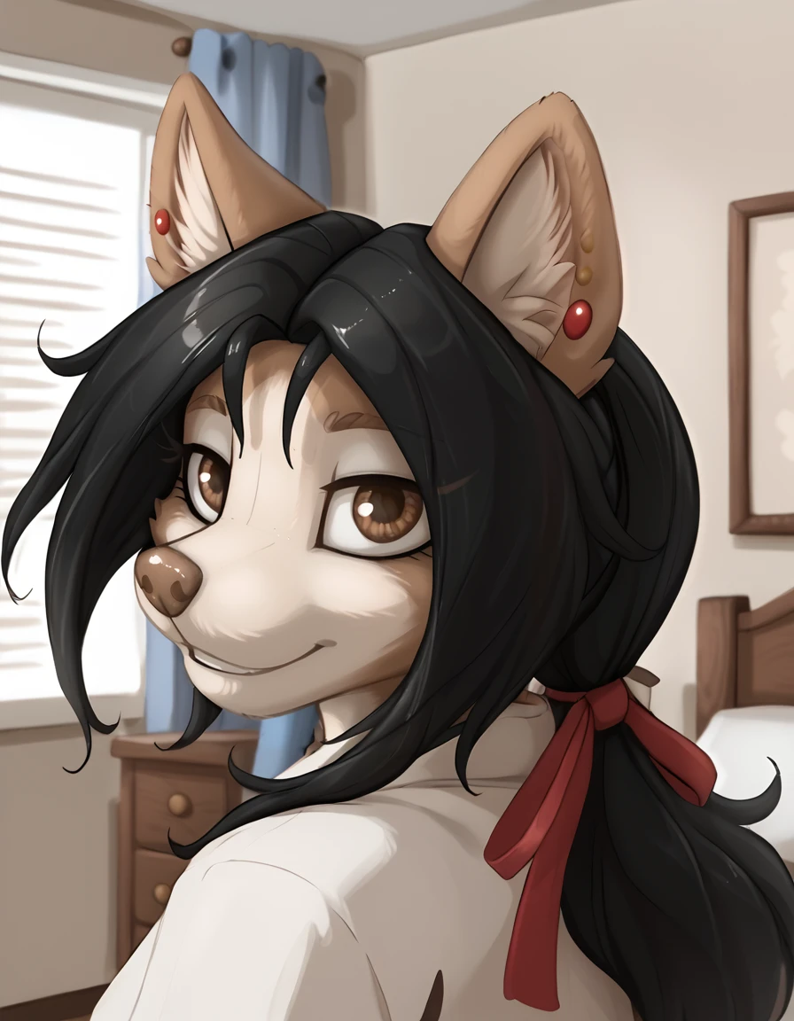 indoors,bedroom,
headshot,smile,long eyelashes,parted lips,
<lora:Pepper_v05_PDXL:1>,P3pp3r,1girl,solo,furry female,dog girl,brown eyes,dog ears,earrings,animal nose,snout,long hair,black hair,ponytail,hair ribbon,dog tail,body fur,white fur,brown fur,two-tone fur,