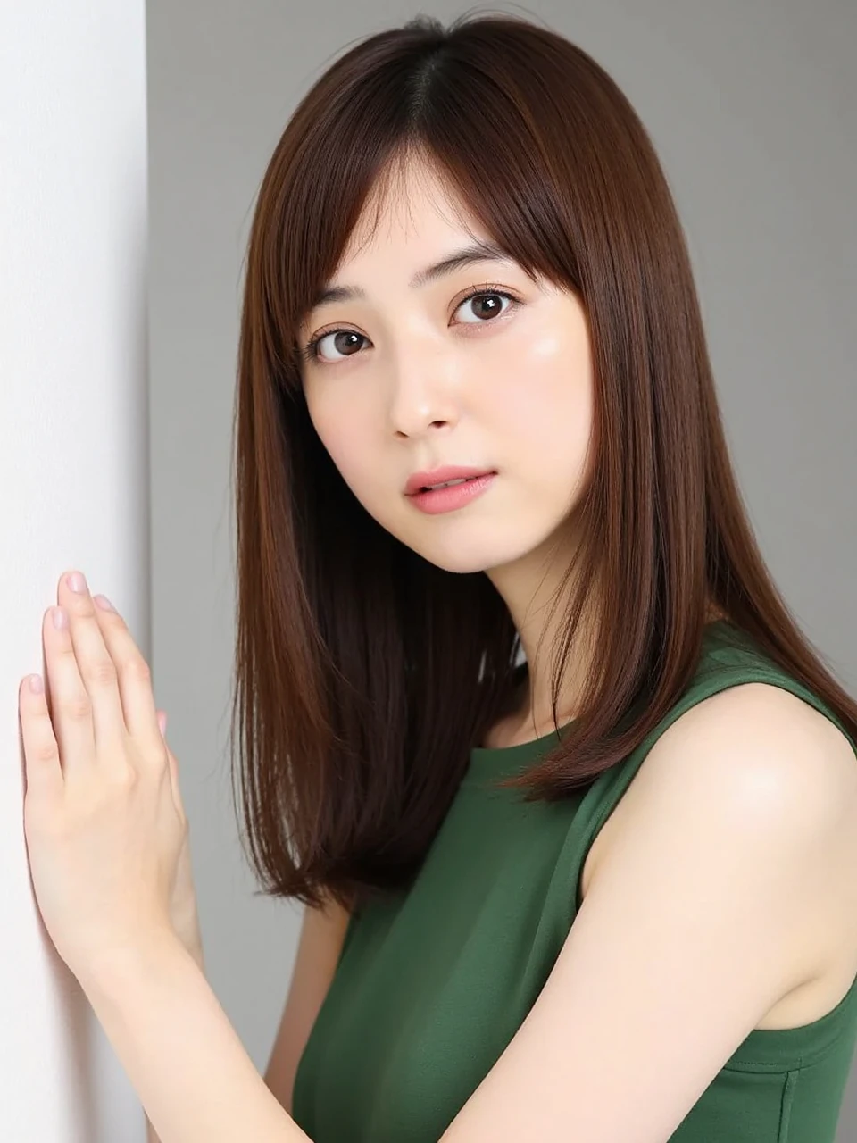 The image is a portrait of a young woman named nozomi with long brown straight hair and bangs. She is wearing a green sleeveless top and is leaning against a white wall with her left hand on the wall. The woman is looking directly at the camera with a serious expression on her face. The background is blurred, so the focus is on the woman's face. She appears to be in her late twenties or early thirties. The overall mood of the image is calm and serene. 
High quality photography. 