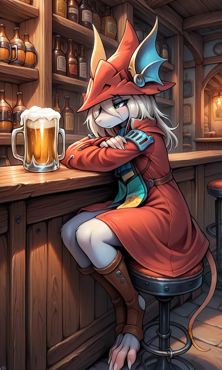 masterpiece, best quality, perfect face, 1girl, Freya crescent, female furry, red hat, blue ascot, green eye, hair over one eye, toeless footwear, medium hair, mouse ears, mouse tail, indoors, bar, sitting on bar stool, bar counter, beer mug, arms resting, from side