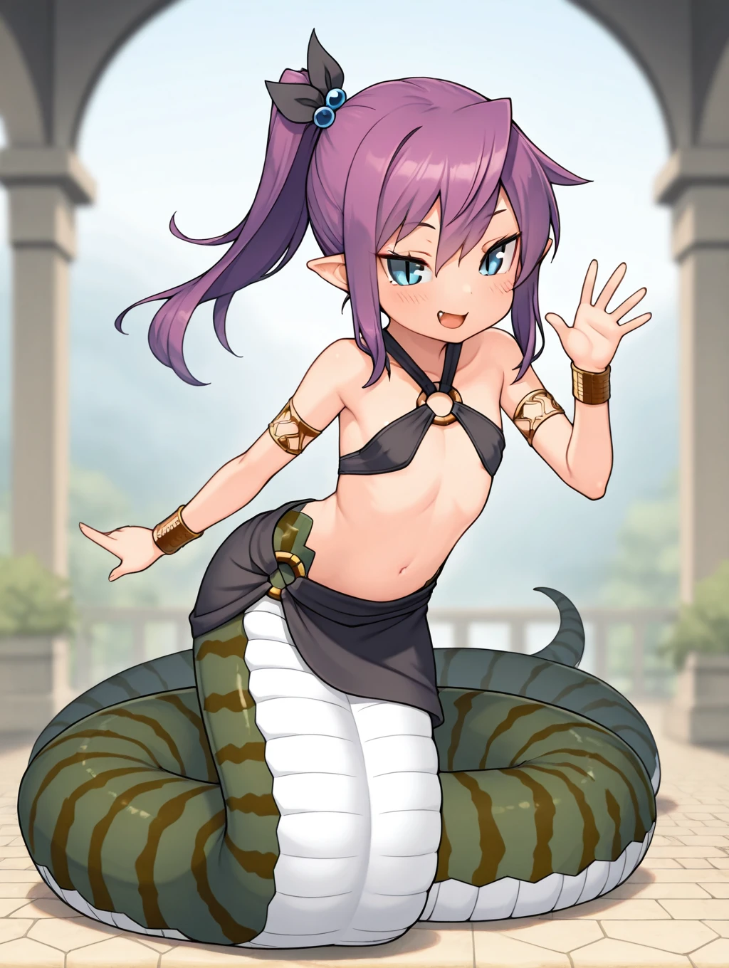 1girl, solo, Teeny, purple hair, ponytail, blue eyes, slit pupils, black skirt, o-ring, black o-ring top, jewelry, pointy ears, lamia,

(dynamic pose), waving, full body, 

masterpiece, best quality,amazing quality, very aesthetic, absurdres, depth of field, blurry background, extremely detailed face, detailed eyes