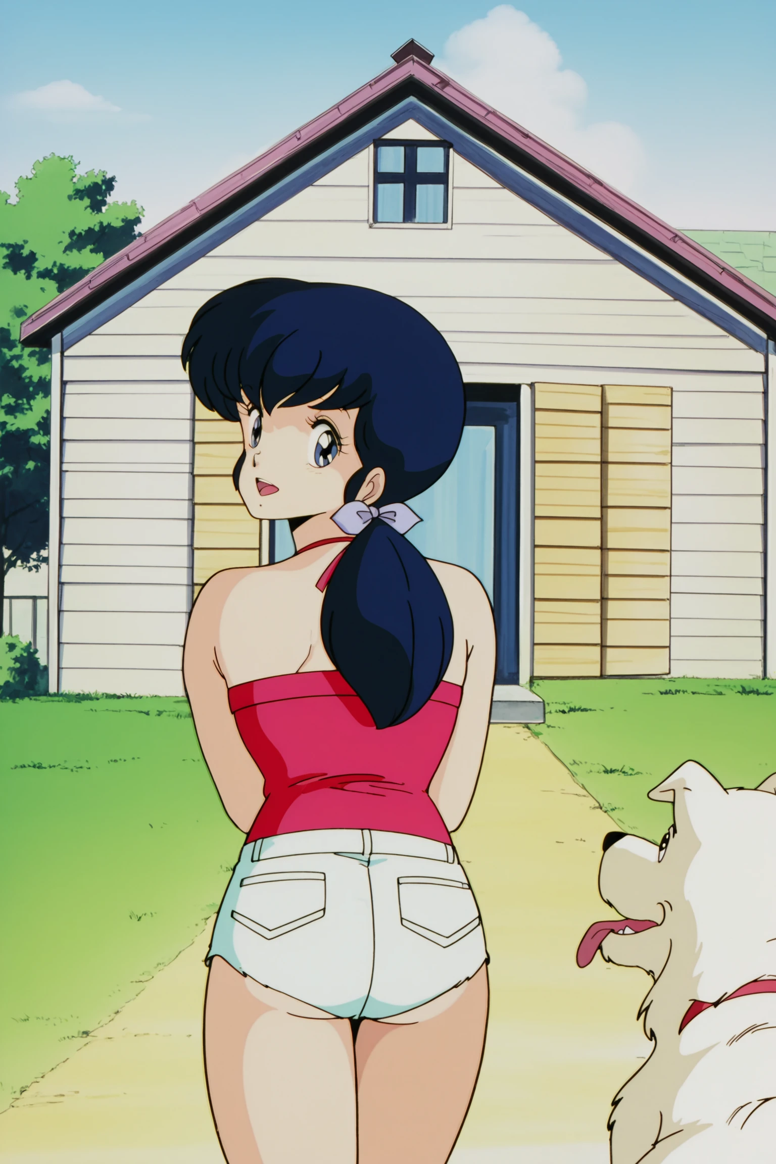 masterpiece, best quality, anime screencap, retro artstyle, 1980s (style),
outside, dog, dog house,
 <lora:Kyoko_Otonashi_Maison_Ikkoku_-_Illustrious:1>, 1girl, Kyoko red tanktop short shorts outfit, Kyoko Otonashi, blue eyes, long hair, purplish-blue hair, ponytail, demin shorts, short shorts,
girl with a dog, smiling, happy girl, mouth open, looking back at the viewer, view from behind,