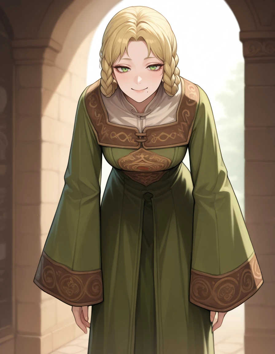 <lora:Rya:1>
ry4, blonde hair, braid, green eyes, braided hair rings, mole under mouth,
green dress, wide sleeves,
standing, hands at sides, leaning forward, smile, 
feet out of frame,, masterpiece, best quality