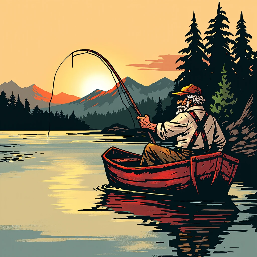 inked comic illustration in dd artstyle, an elderly man with dark empty black eyes fishing alone in a small red rowboat on a tranquil lake during a golden sunset. He wears a simple outfit with a cap and suspenders, holding a fishing rod while gazing at the calm waters. The lake reflects the warm hues of the sky, surrounded by dense pine trees and distant mountains bathed in the soft light of dusk.