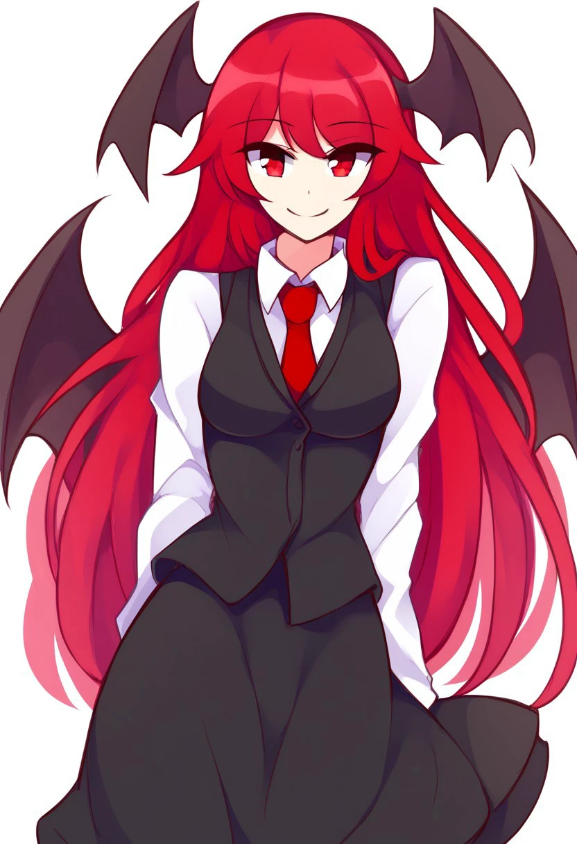 ((KaliningradG style)), ((white background)), ((black contour)), ((solo)), (1girl), posing, smile, ((koakuma)), closed mouth, red eyes, red hair, long hair, sidelocks, medium breasts, bat wings, black dress, black skirt, black vest, dress, head wings, long sleeves, necktie, red necktie, shirt, skirt, vest, white shirt, wings,