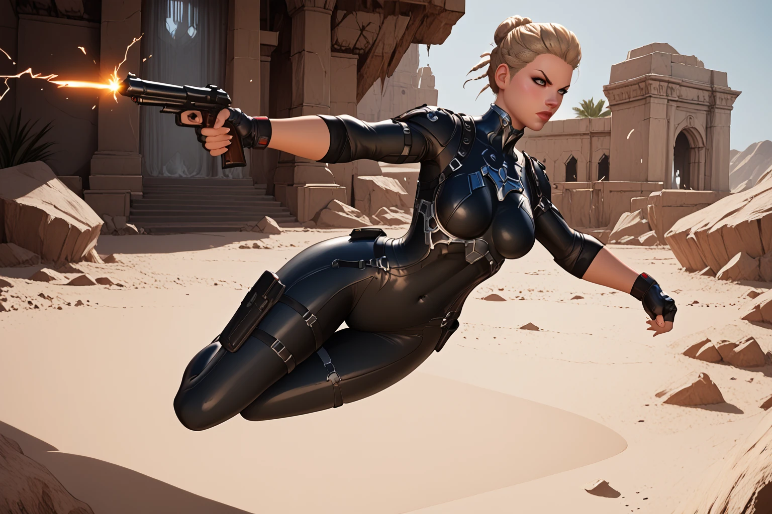 score_9, score_8_up, score_7_up, masterpiece, high quality, BREAK
<lora:Ines RayaPonyLora:0.8>inesraya, short hair, hair bun, braid, bodysuit, skin tight, covered navel, fingerless gloves, thigh holster, high heels, holding desert eagle, angry, fighting stance, jumping sideways, battlefield, ruins, dynamic motion, on side, firing gun, aiming, looking at target, legs apart, portrait, large weapon, electricity, sparks, lighting
<lora:Michael TurnerStylePonyLyco:1> mtms