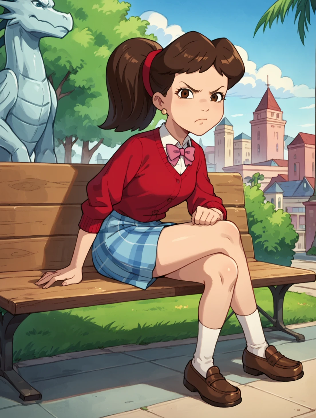 score_9, score_8_up, score_7_up, Emmy_(Dragon Tales), 1girl, solo, Emmy, brown hair, ponytail, red hairband, brown eyes,  jewelry, earrings, mad, angry, puffed cheeks, looking at viewer,  jewelry,  looking at viewer, sitting on bench, crossed legs,  solo focus, full body, one hand on hip,  legs, cloud, overall skirt, leaning forward, scolding, bossy, pointing angry,  plaid skirt, blue skirt,  kneesocks, cardigan red sweater,  white shirt,  brown footwear, loafers, pink bowtie, school building,  (dragon statue), day, city, sidewalk, palm trees, close-up,  telegraph lines,   <lora:EmmyDragonTales-000009:0.9>