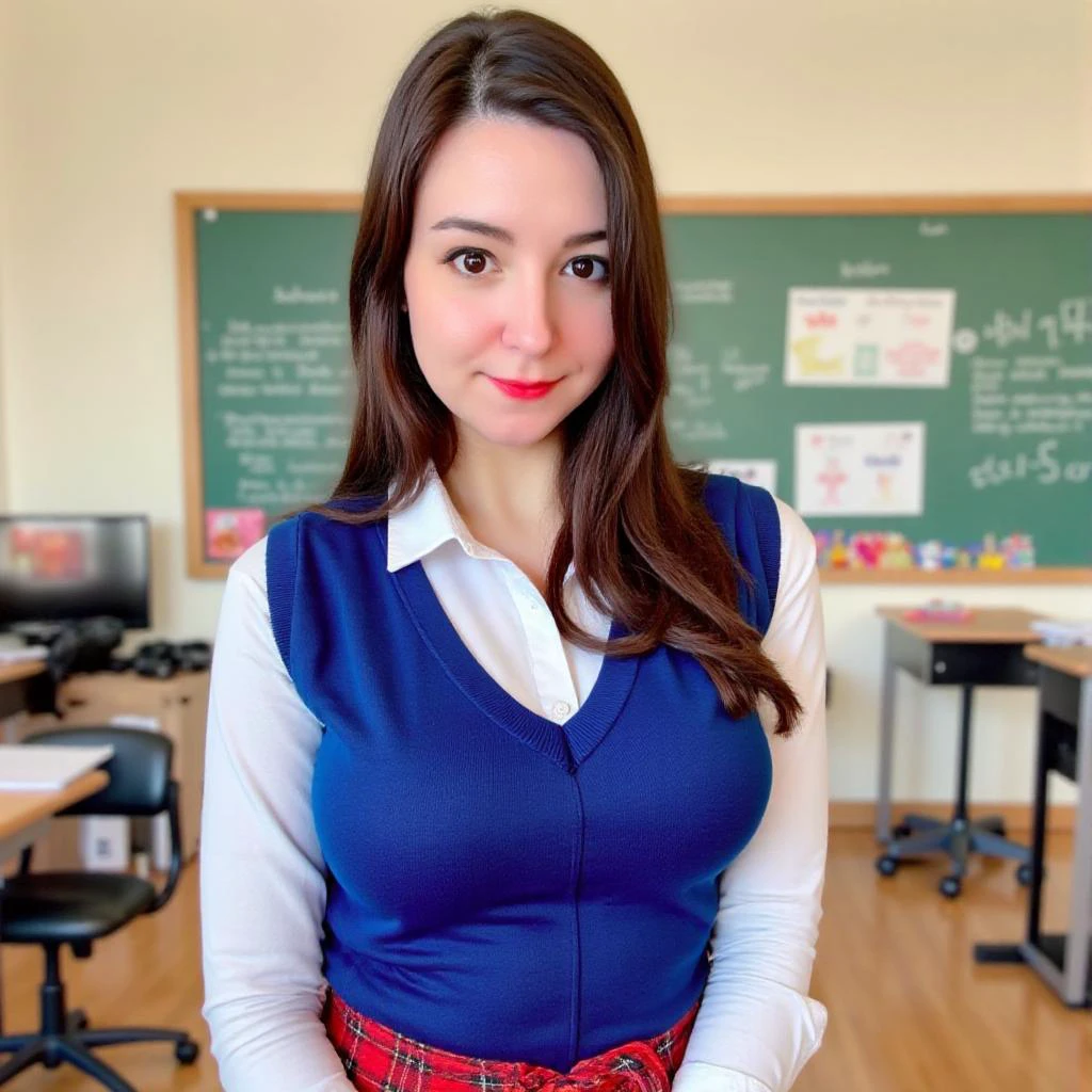 bunnyayumi \(Person\), BunnyAyu \(Person\), @BunnyAyu, @bunnyayumi, Photo of a woman with brown hair, wearing a blue sweater vest over a white shirt and a red plaid skirt, standing in a classroom setting with a desk and chair in the background. She has a neutral expression and is looking directly at the camera. The lighting is soft and natural, casting gentle shadows on her face. The image has a high-quality, professional feel.