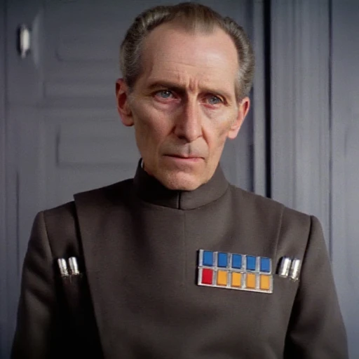 a character portrayed by actor Peter Cushing. He is a tall, " featuring the character tarkin, Tarkin. The image is a high-resolution photograph from the Star Wars universe, and he has a stern, Tarkin. The image is a photograph from the movie "Star Wars: Episode V - The Empire Strikes Back." The subject is grand  Moff tarkin, adorned with various insignia and medals, light gray background. He is dressed in a formal