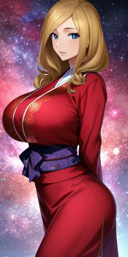 <lora:MillyV3:0.7> milly_ashford, huge_breasts, standing, solo, arms_behind_back, starry_sky, japanese_clothes, masterpiece, best_quality, detailed_face, detailed_eyes, highres, beautiful, detailed, absurdres,