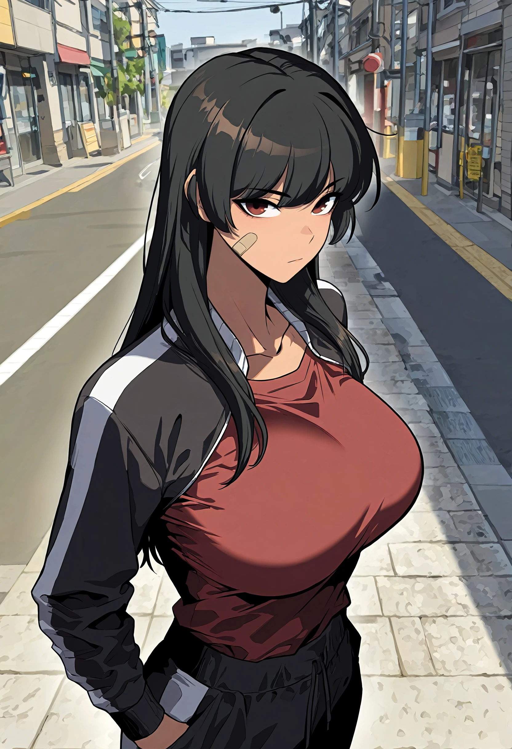 masterpiece, best quality, amazing quality, very aesthetic, absurdres, newest, scenery, 1girl, solo, huge breasts, <lora:Yoo Yeonhwa illustxl:1.0> black hair, long hair, brown eyes, red eyes, bandaid on cheek, collarbone, track jacket, black jacket, long sleeves, red shirt, track pants, black pants, upper body, standing, street, outside, looking at viewer, shiny skin, masterpiece, best quality, amazing quality, very aesthetic, absurdres, newest, scenery