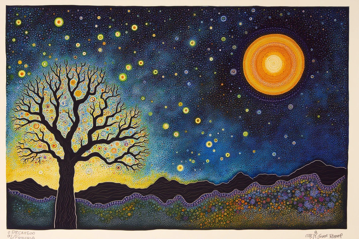 detailed serigraphy by byjuanromero the orb in the night sky, and a tree of life