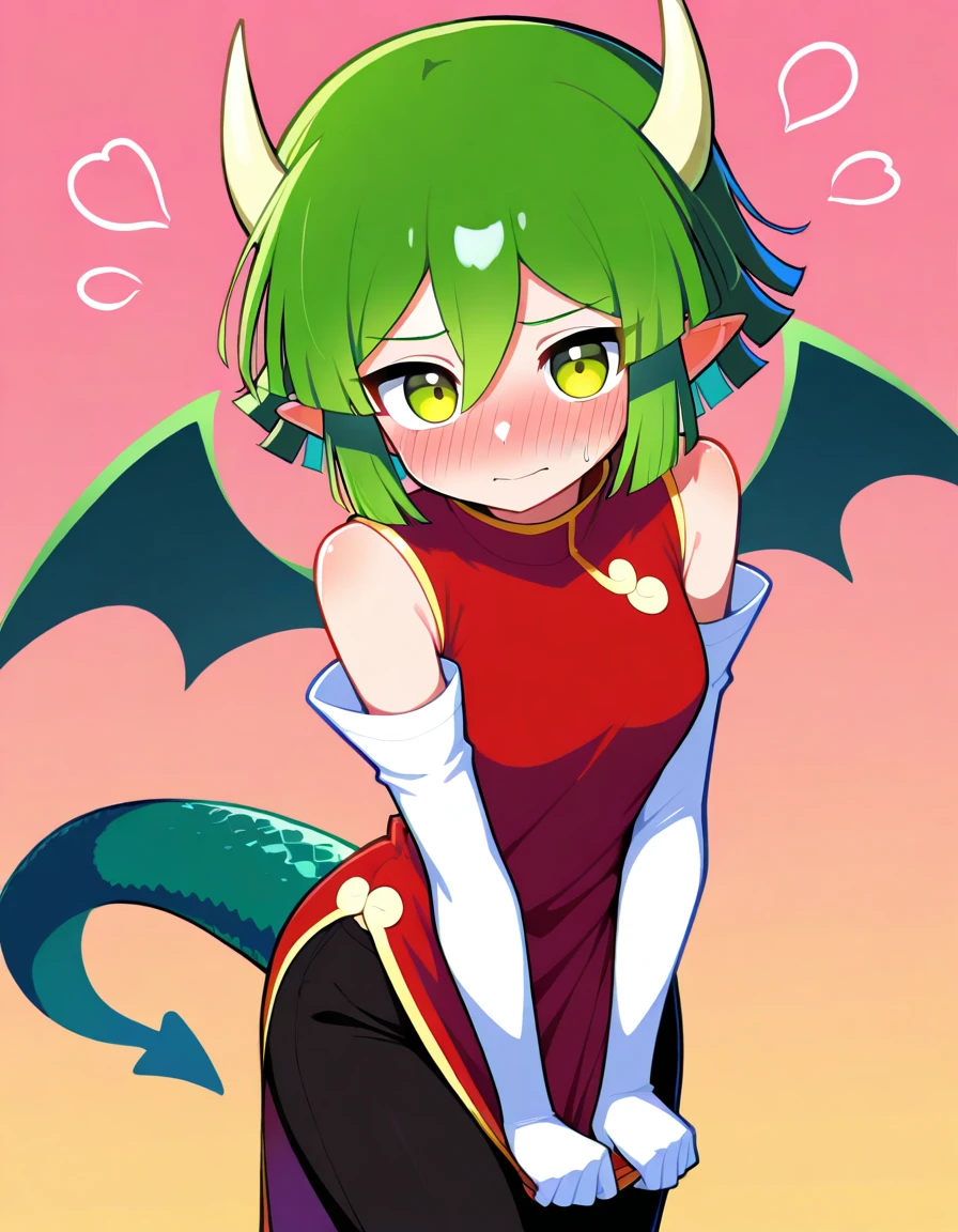 <lora:Pdoraco_SDXL_Illustrious01_fp16_ver02:1>,PdoracoG, 1girl,green hair,horns, green dragon wings,green dragon tail,yellow eyes,green hair,short hair,red china dress, white elbow gloves,black pants,embarrassed,blush,looking at viewer,  <lora:HairintakesEraser_v01_illustrious_10steps:2>, masterpiece, best quality, very aesthetic, absurdres,<lora:detailed_hands:1>,hand