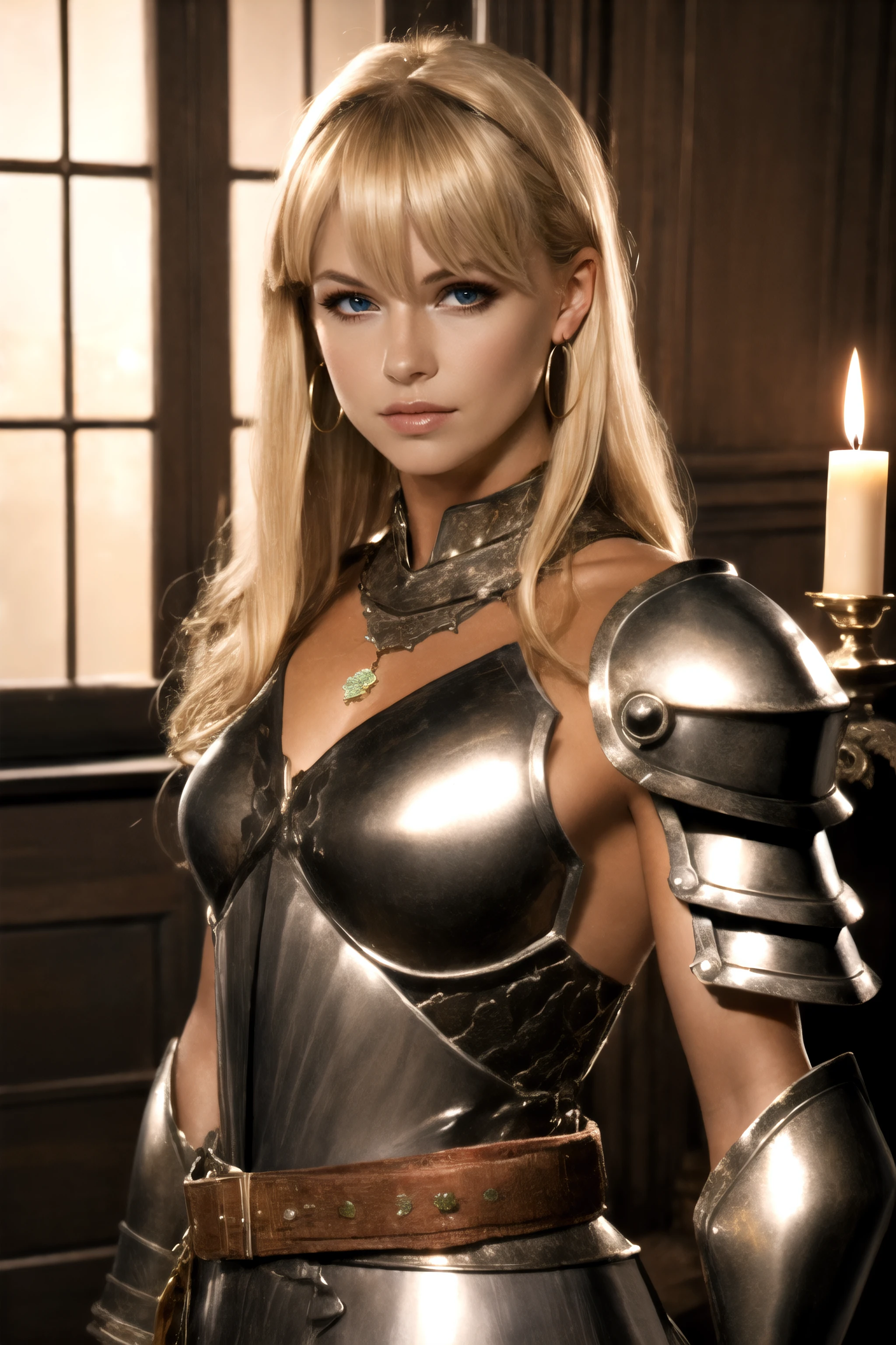 1girl, solo, long hair, looking at viewer, blonde hair, closed mouth, jewelry, sitting, brown eyes, earrings, indoors, belt, armor, lips, window, pendant, glowing, candle, lantern, <lora:Victoria_S_epoch_9:0.6>,