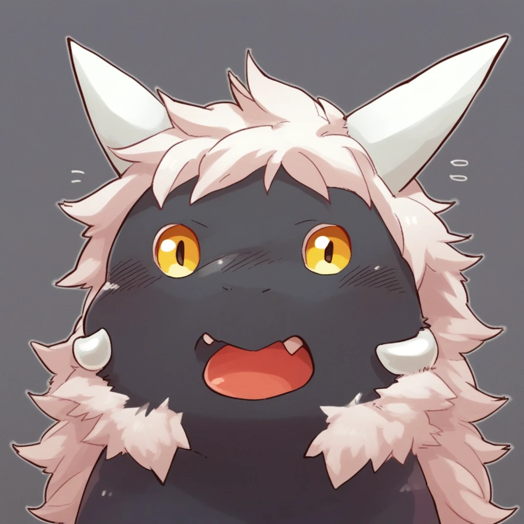 score_9, mikus-concept, eyes dot, open mouth, upper body, dragon, furry, yellow eyes, white horns, white hair, black fur