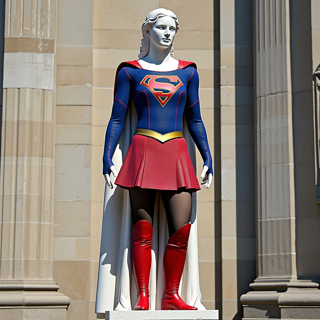 photo picturing a roman white marble stone statue in a temple dressed in red and blue sg outfit shirt cape belt skirt tights boots