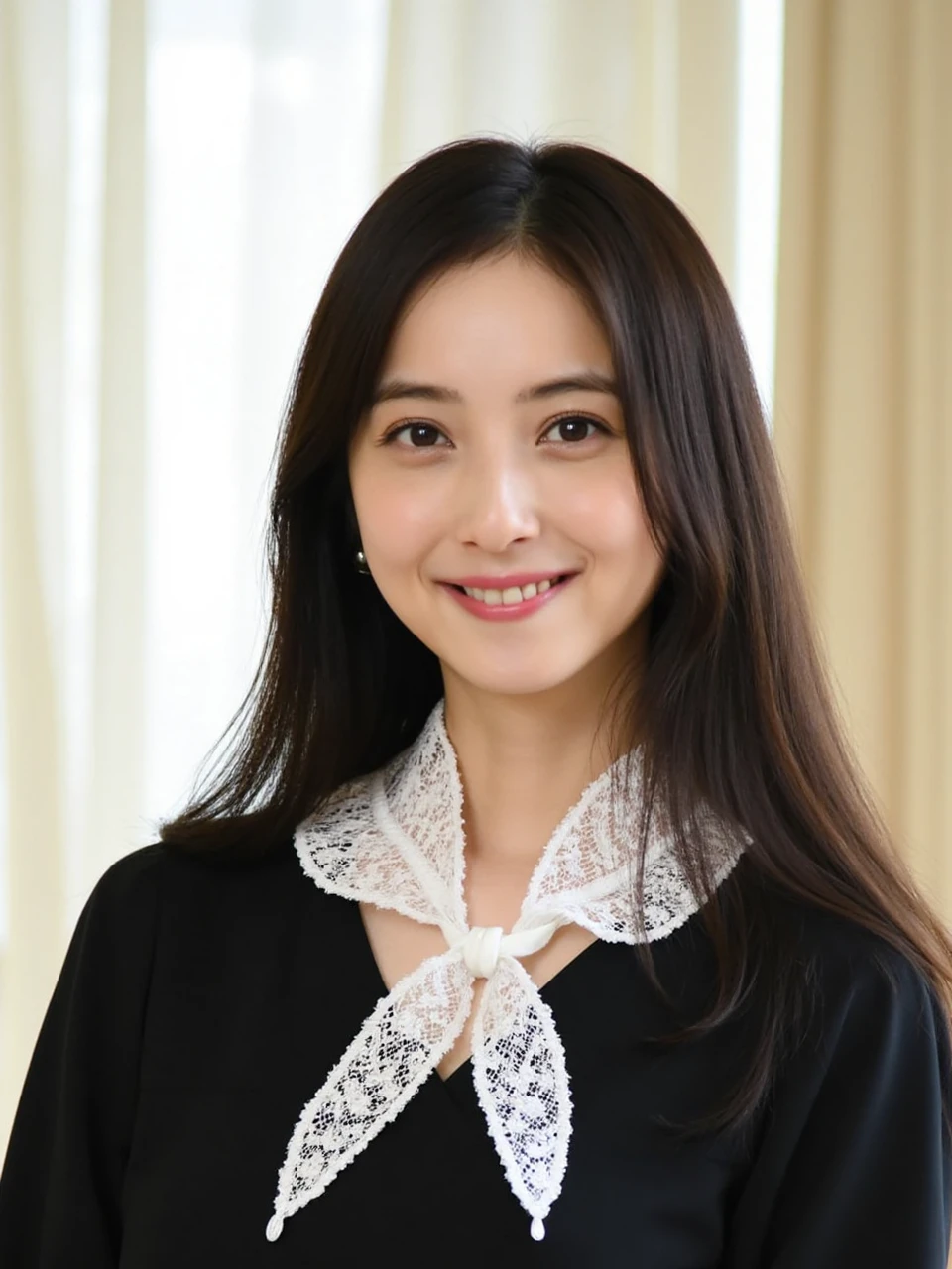 The image is a portrait of a Asian woman named nozomi with long dark straight hair. She is wearing a black dress with a white lace collar. The collar is tied in a bow at the neckline and has a white ribbon tied around it. She stared directly at the camera, revealing a slight smile. The background is blurred, making the woman the focal point of the image. The lighting is soft and natural, highlighting her features.