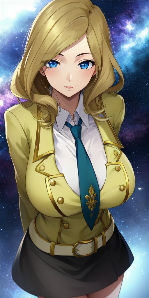 <lora:MillyV4:0.7> milly_ashford, huge_breasts, standing, solo, arms_behind_back, starry_sky, yellow_jacket_white_collared_shirt_green_necktie_green_skirt_belt, masterpiece, best_quality, detailed_face, detailed_eyes, highres, beautiful, detailed, absurdres,