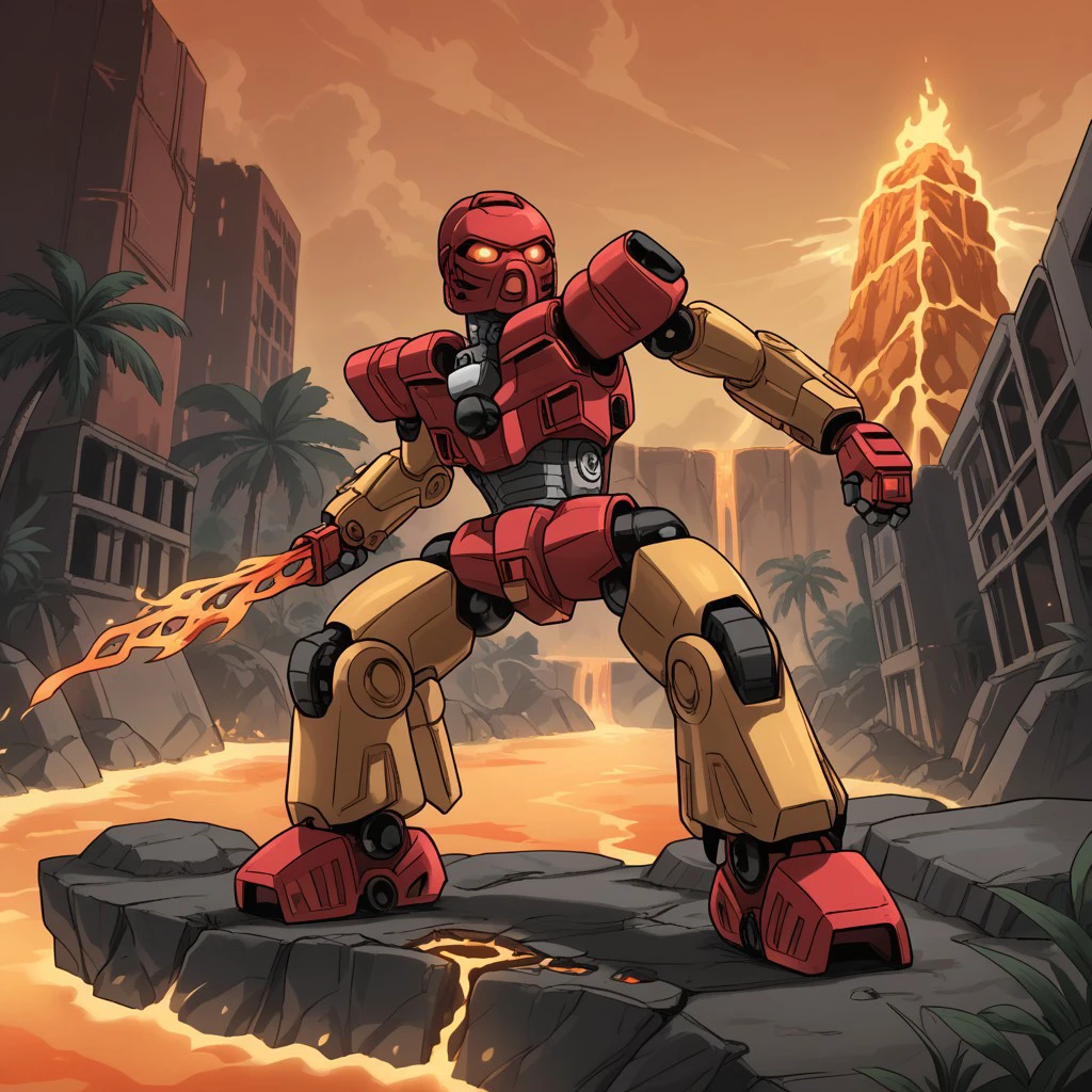 Toa Tahu, dynamic pose, mecha, lava, flame sword, red flame, abandoned city background, ruins, vegetation, tropical trees