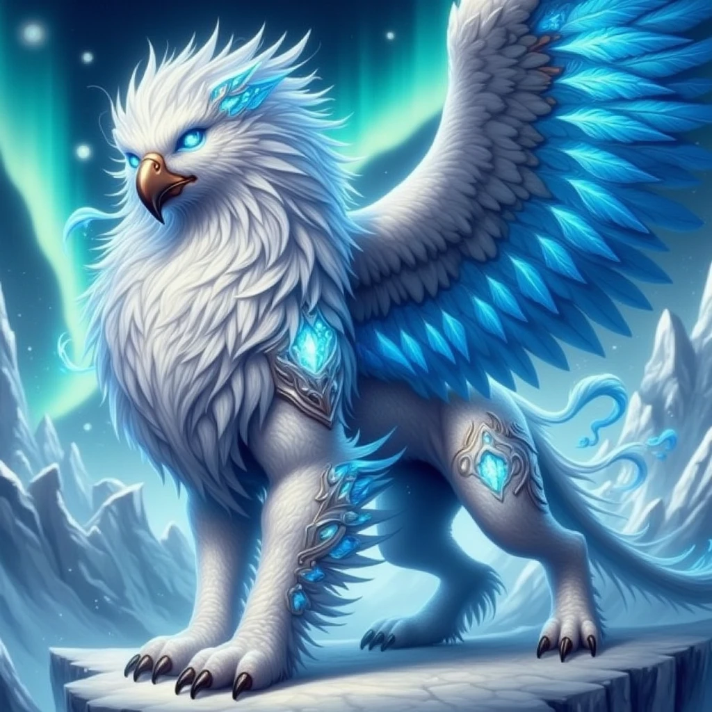 concept art A frost griffin with crystalline feathers that sparkle like frost in the morning sun. Its leonine body is coated in thick, snow-white fur, and its eyes glow an icy blue. Set in a tundra landscape with towering ice spires and glacial crevices, the scene is illuminated by the ethereal light of the aurora borealis. The camera angle is close-up on its piercing gaze, capturing the intricate patterns of frost on its feathers and the icy breath escaping its beak.. <lora:hippogriifns:1>grfx, hprfx . digital artwork, illustrative, painterly, matte painting, highly detailed