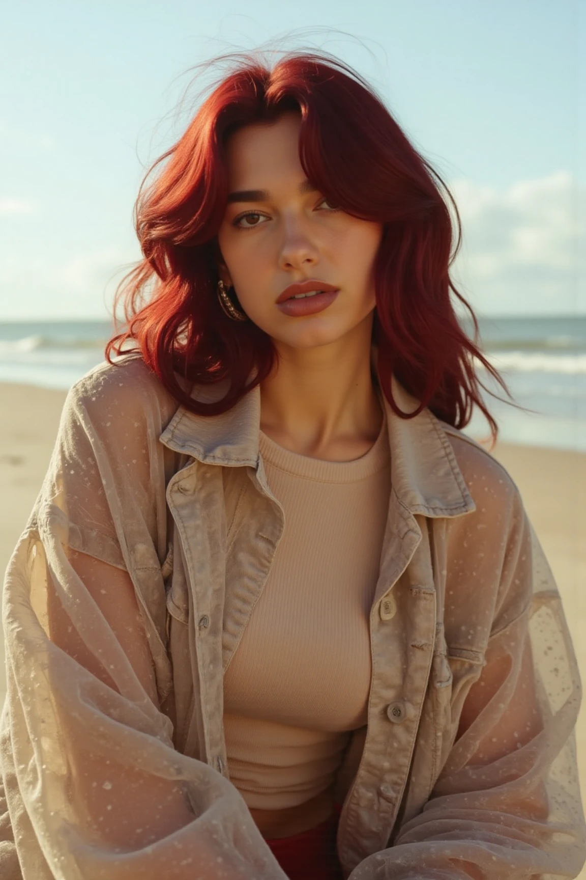 Photo of dualflx, a cute woman wearing a top and sheer overcoat, outdoor, beach, red hair, close up