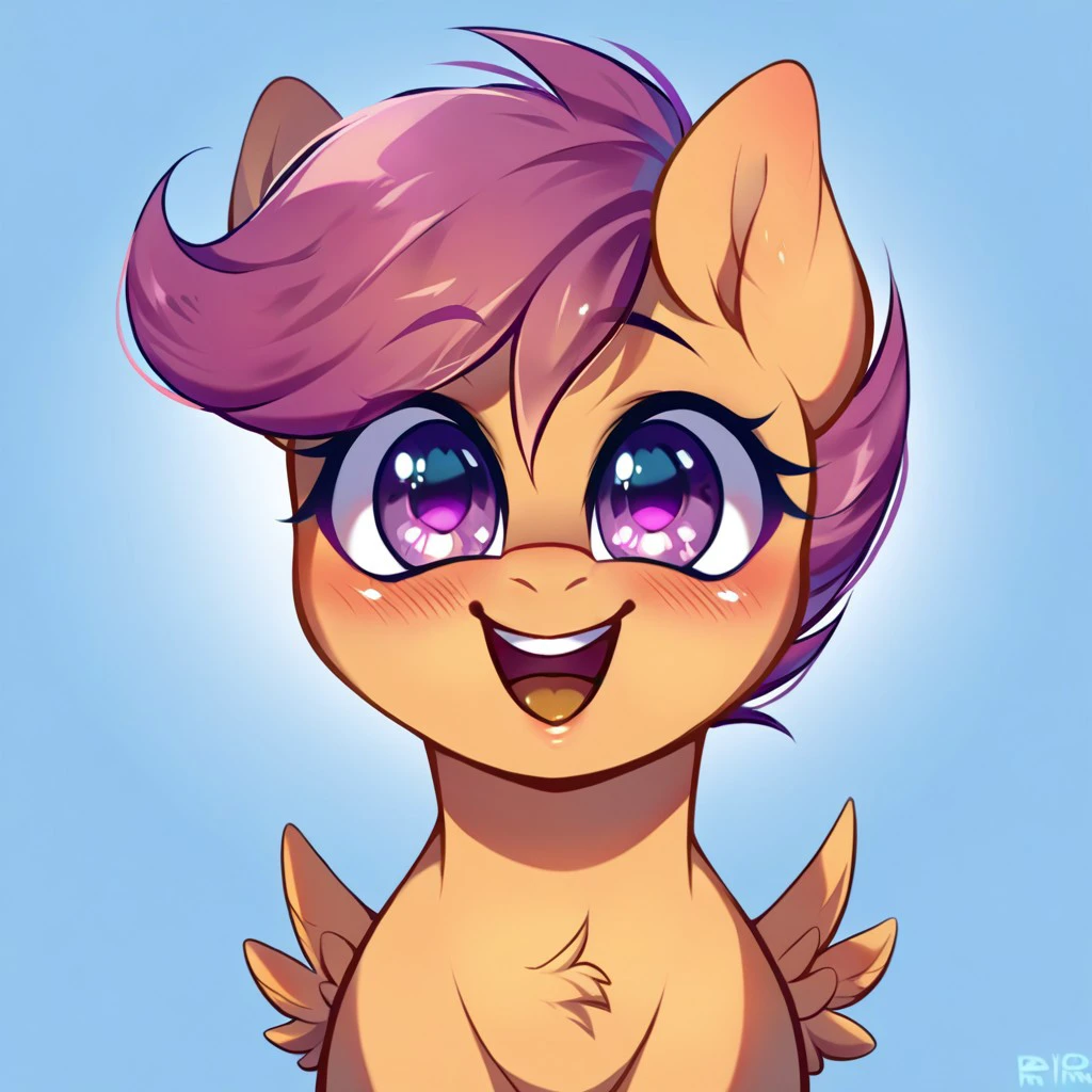 score_9, score_8, score_7, source_pony, scootaloo, POV, looking at viewer, blush, smile, open mouth, upper teeth only