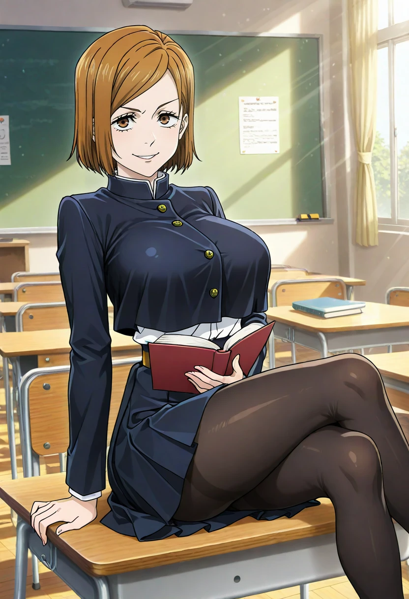 masterpiece, best quality, absurdres, highres, detailed background, <lora:hyperSD8:1>,
 <lora:KUGISAKI_NOBARA:1>  1girl, solo, kugisaki nobara, brown hair, brown eyes, big breasts, black school uniform, black pantyhose, classroom ,sunlight, table, book, sitting, smile,crossed legs,