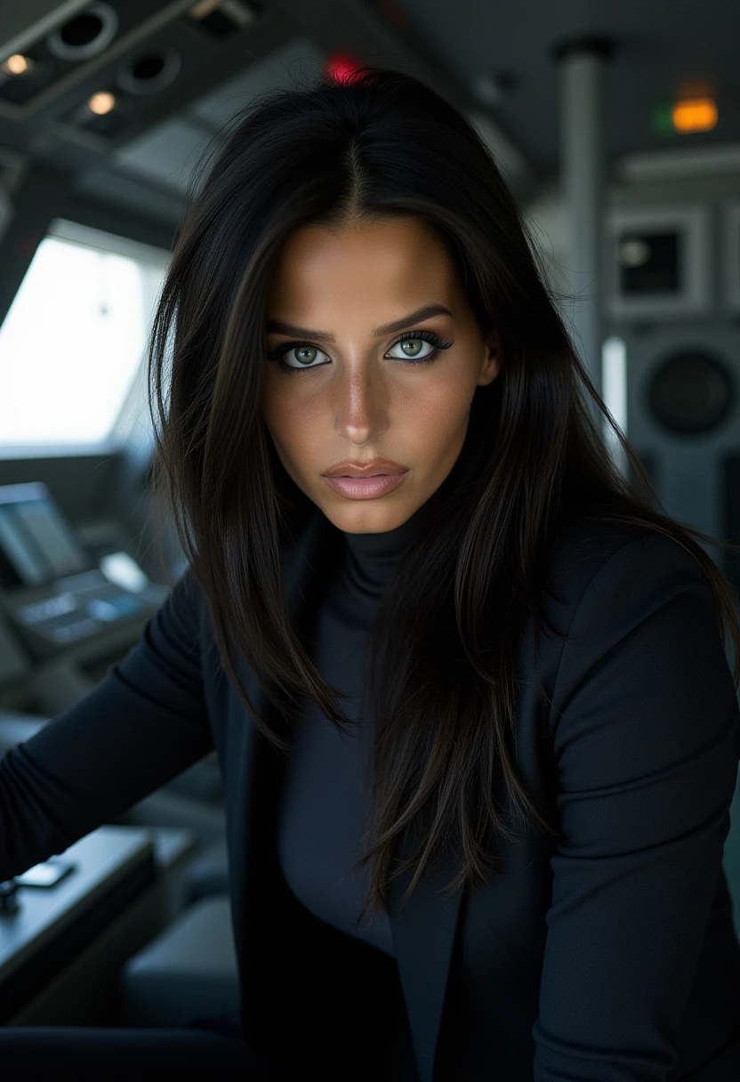 Realistic portrait of M4ND1CH, a woman with long hair and dark makeup, smokey eyes in a starship cockpit. 