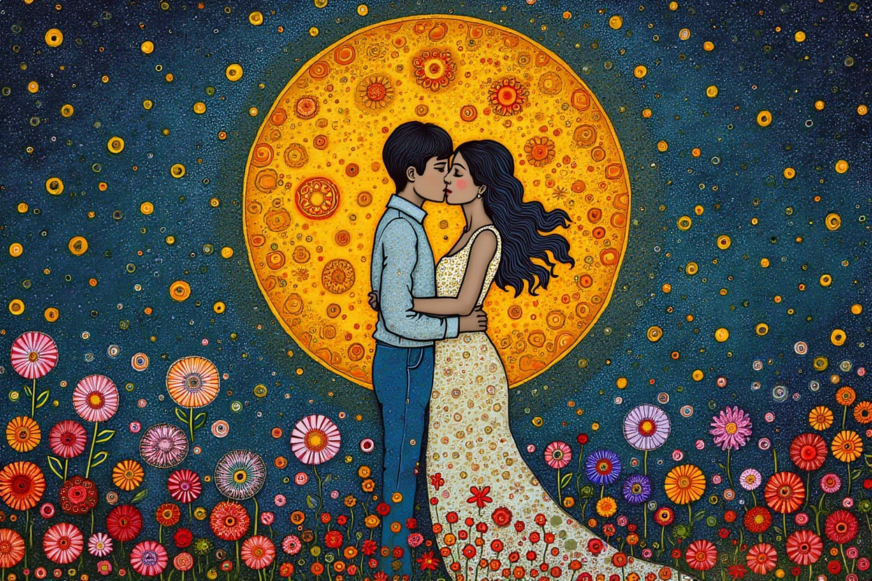 a byjuanromero lovers kissing under the moon. detailed symbolic serigraphy